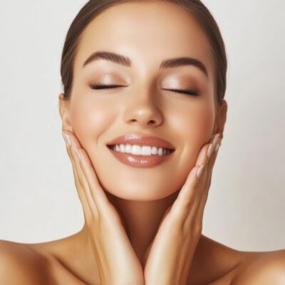 Portrait of beautiful woman. Happy model touching face after facial laser aesthetics, chemical peel and clean dermatology