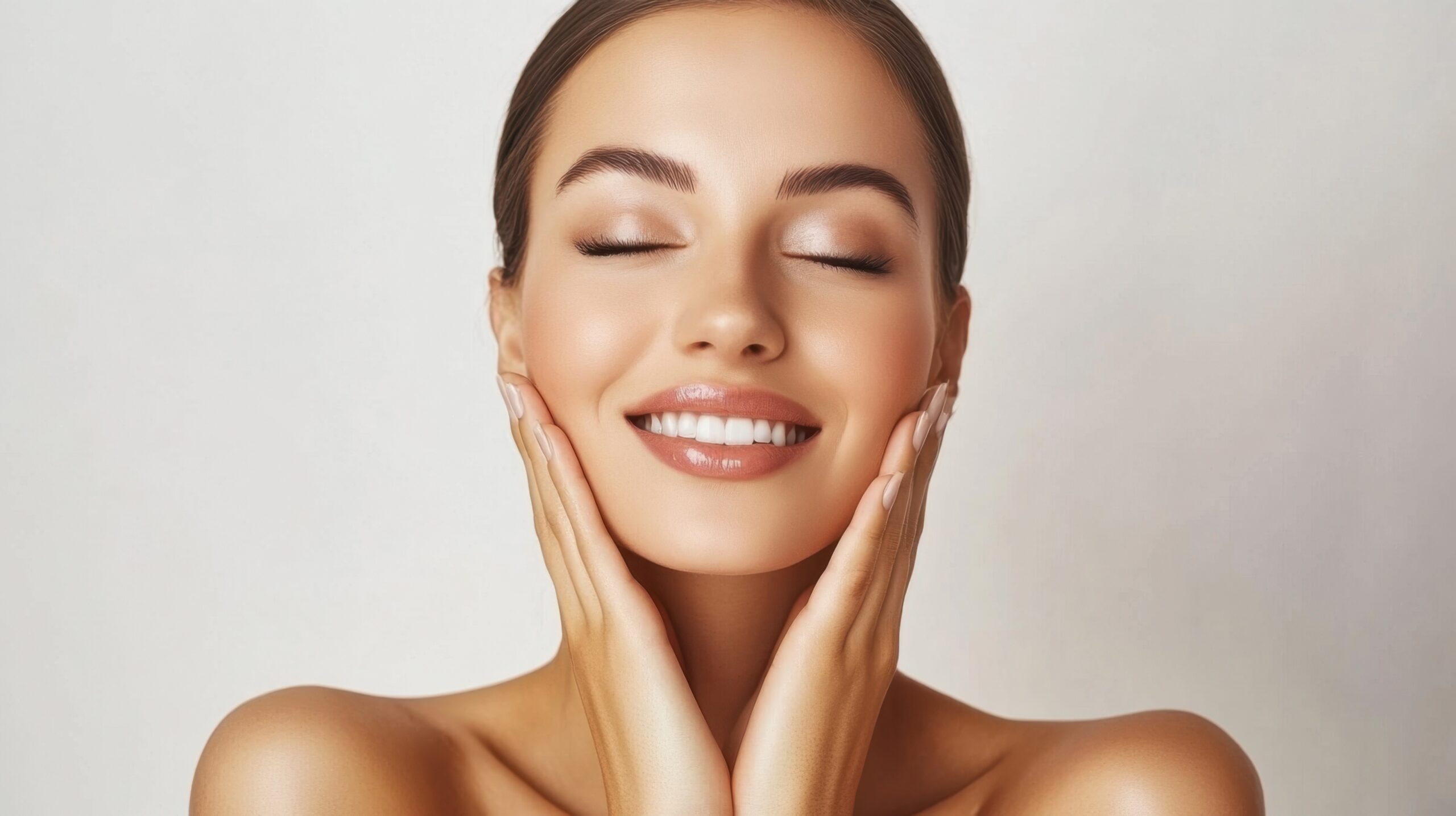 Portrait of beautiful woman. Happy model touching face after facial laser aesthetics, chemical peel and clean dermatology