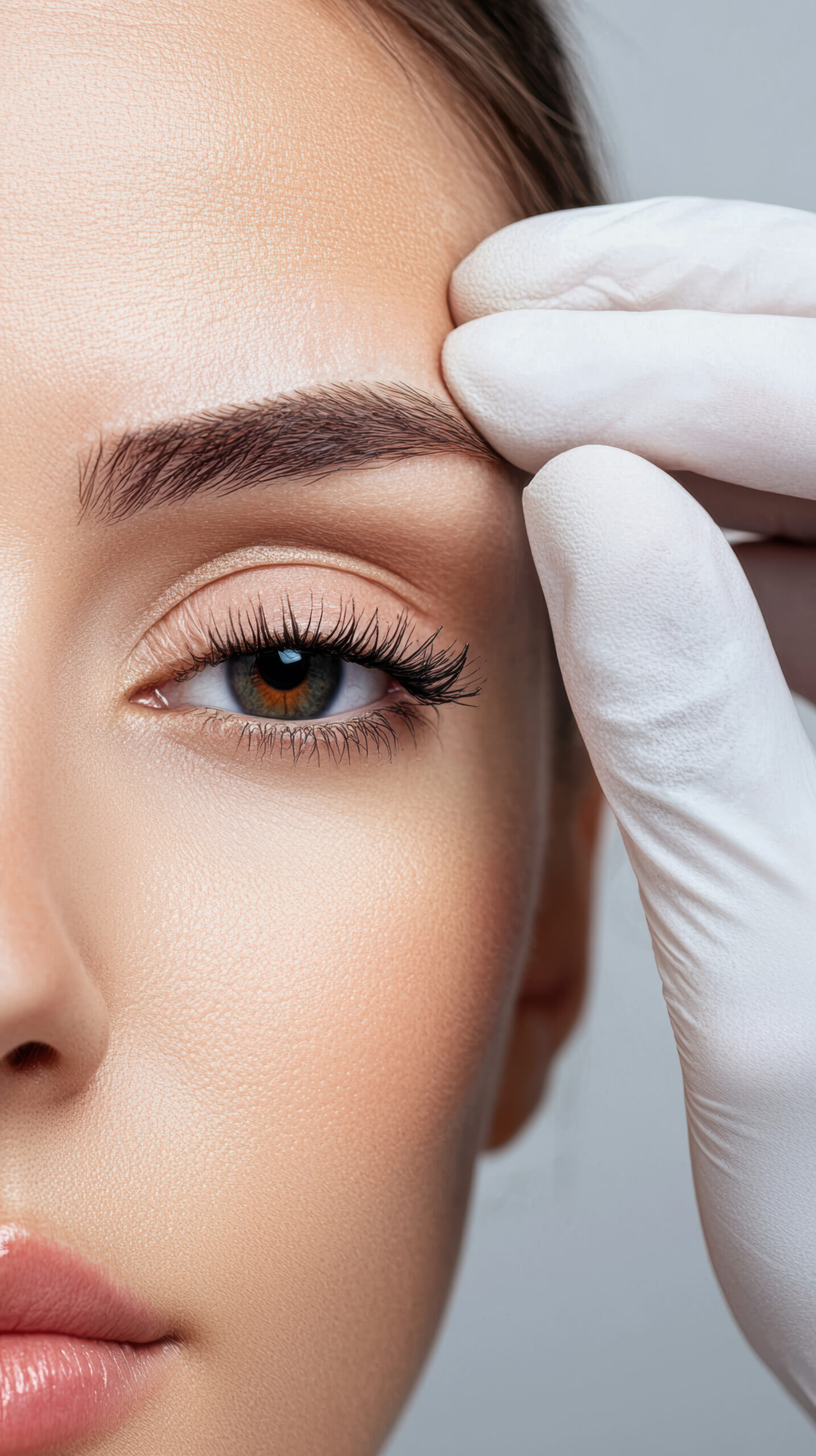 Surgery eyelid rejuvenation concept. A close-up of a woman having her eyebrow shaped, focusing on her eye and hand with a gloved finger gently touching the brow area.