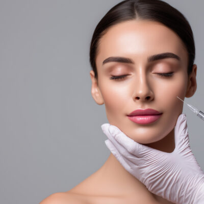 Beautiful woman receiving a cosmetic facial filler injection in gray background.