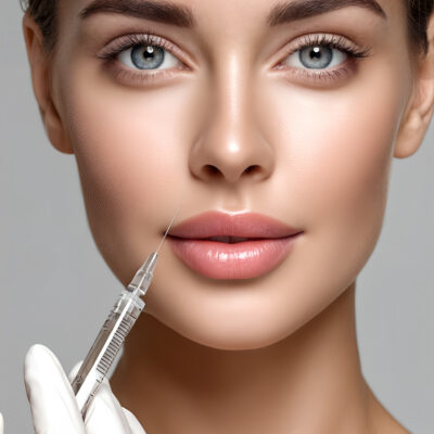 Young woman receiving lip injection with syringe for cosmetic enhancement