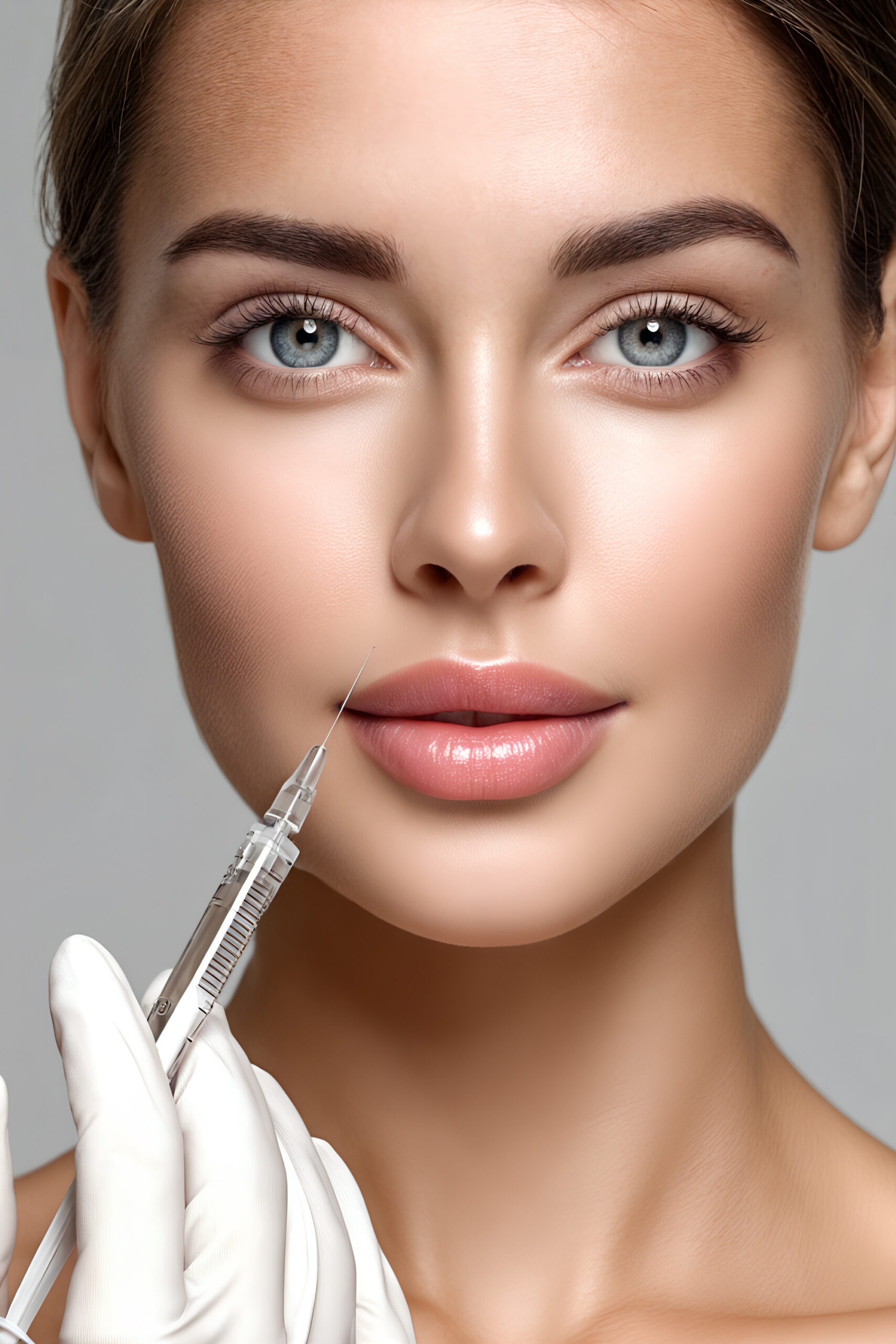 Young woman receiving lip injection with syringe for cosmetic enhancement